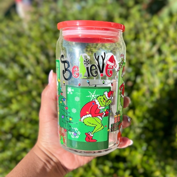 Believe Grinch 16oz Authentic Libby Glass Can with Bamboo Lid and Straw - Picture 6 of 6